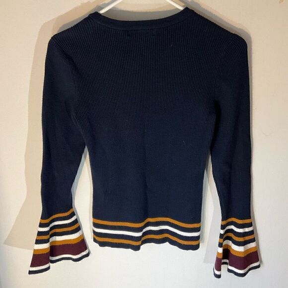 Marled Bell Sleeve Ribbed Contrast Sweater, M, Navy - Picture 11 of 14